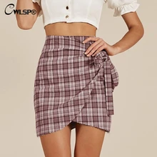 CWLSP связать Асимметричные юбки с застежкой-молнией для Для женщин в клетку летние каникулы юбки Высокая Талия Мини faldas mujer moda QL3912
