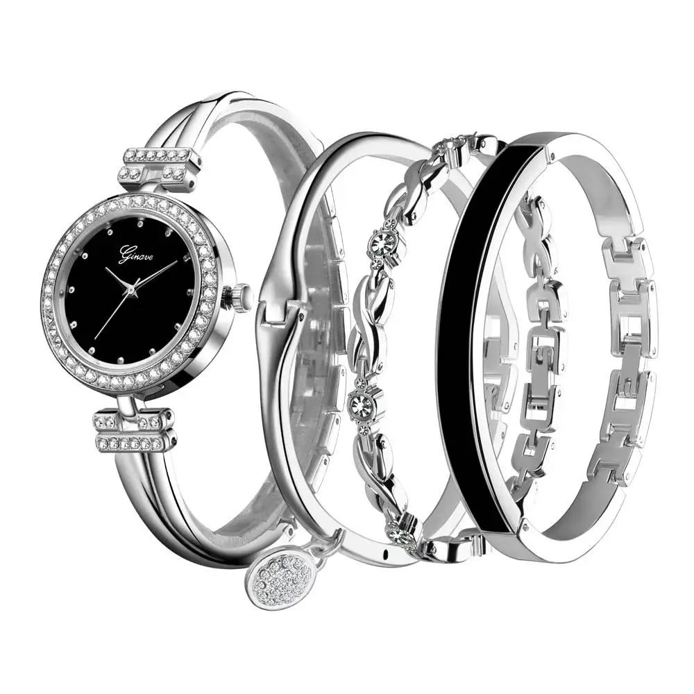 Новые Модные Элегантные женские часы серебряный браслет с кристаллами 4 шт. набор роскошные золотые стальные Женские кварцевые наручные часы подарки - Цвет: silver set