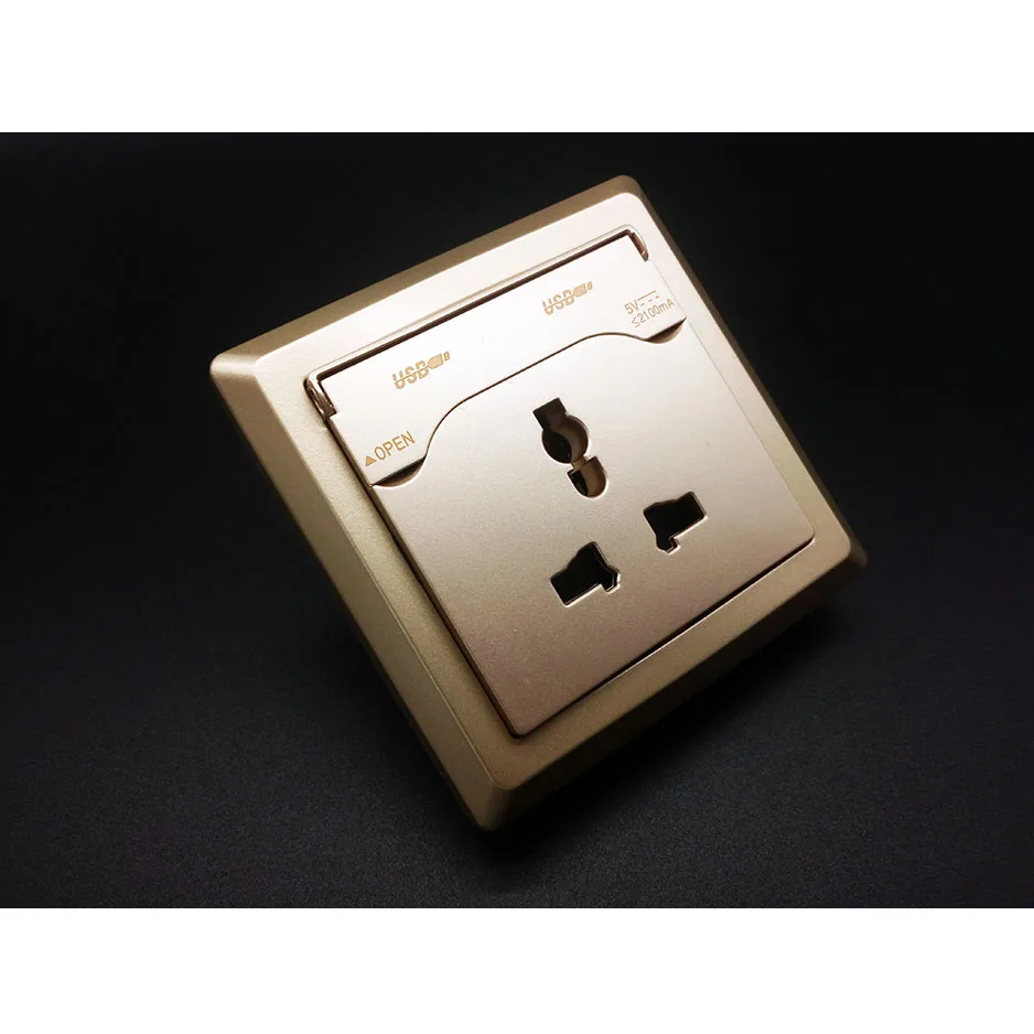 

Free Shipping Multifunction 86 Wall Outlet Flapper AC 110-250V 2 USB Charging Socket Champagne DC 5.0V/2100mA Electrical Plug