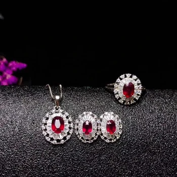 

Natural red ruby gem Ring Earrings Pendant Natural Gemstone Jewelry Set 925 Silver Fashion Sun flower Women party gift jewelry