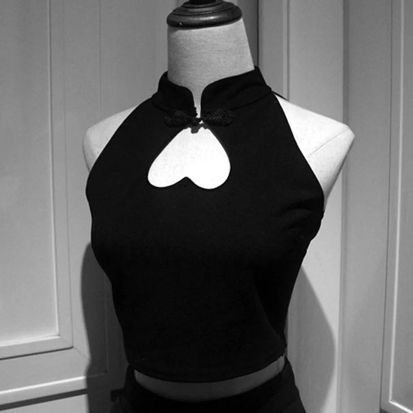 

2019 Heart Hollow Love Tanks Tops Summer Women Punk Black Cropped Tanks Vest Girls Sleeveless Slim Sexy Short Tops Gothic Style
