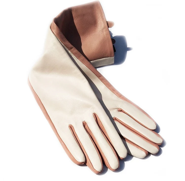 Изготовленные на заказ женские 40 см длинные две стороны цвета настоящие кожаные перчатки(выберите два цвета