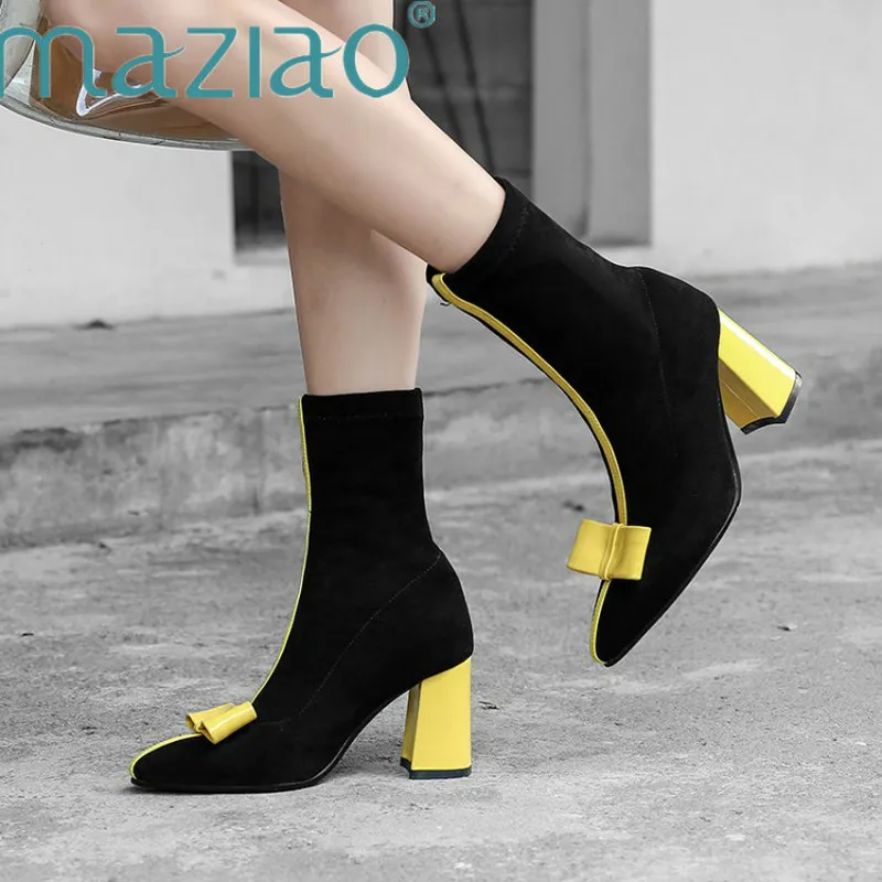 

Women Slip On Thick High Heel Ankle Boots Fashion Bow Knot Mixed Colors Pointed Toe Fall Winter Shoes Black Pink Yellow MAZIAO