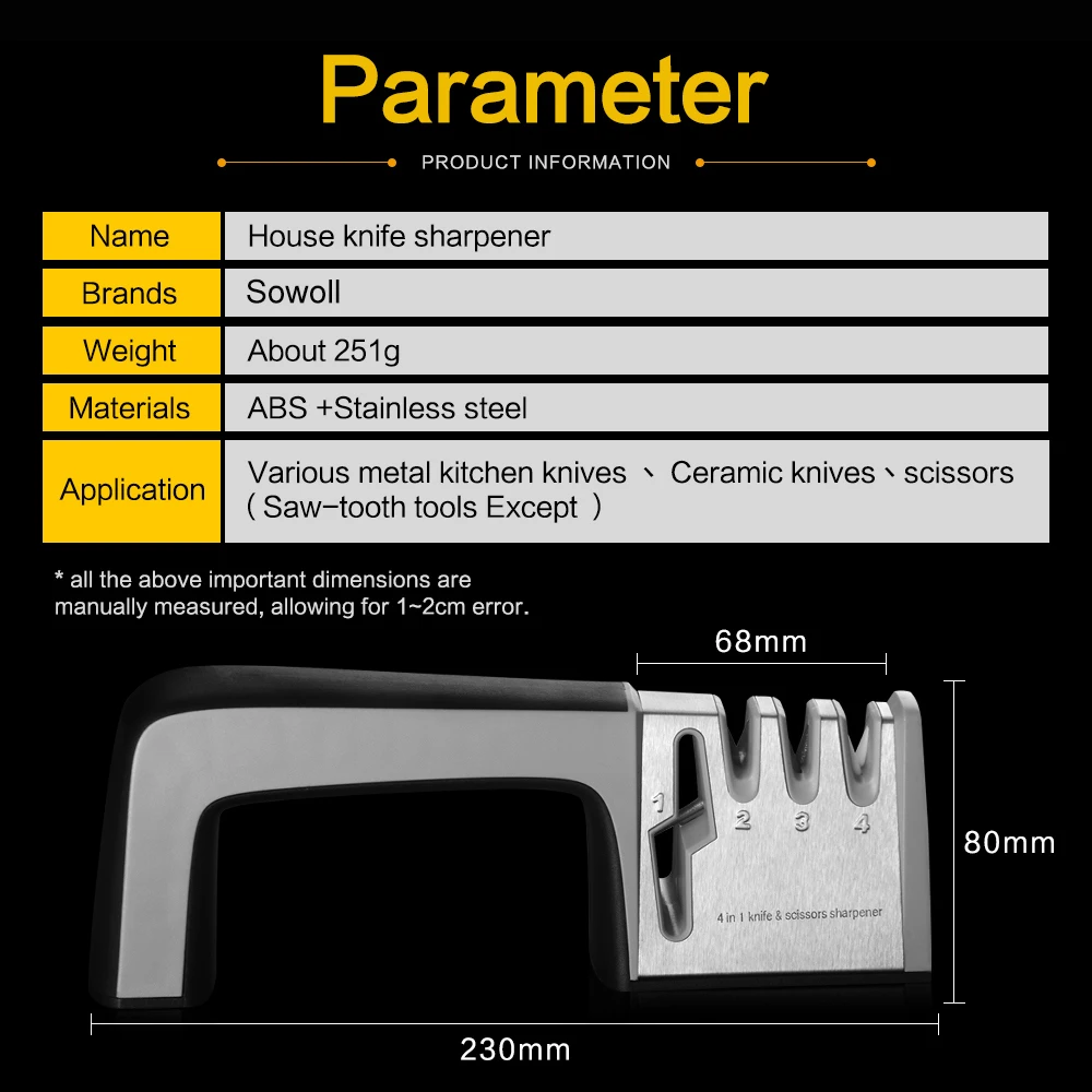 Бренд Sowoll, точилка для ножей с 4 отверстиями, хорошее качество, нержавеющая сталь, точилка для ножей, ABS ручка, нож, ножницы, система заточки