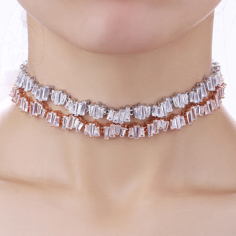 

New Arrival Luxury Cubic Zirconia Baguette Chokers Vintage Punk Choker Rose Gold Color Chain Necklace Women Statement Choker