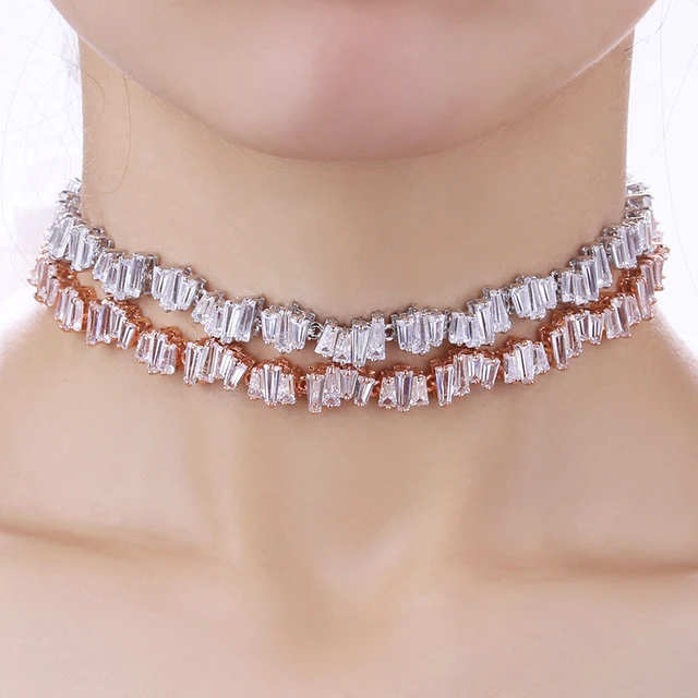 New Arrival Luxury Cubic Zirconia Baguette Chokers Vintage Punk Choker Rose Gold Color Chain