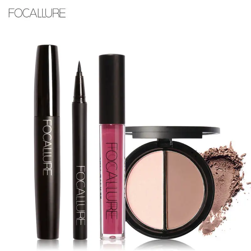 

FOCALLURE New 4Pcs Easy Lip Makeup Black Eyeliner Pencil Matte Liquid Lipstick Face Bronzer Highlighter Palette Big Eyes Mascara
