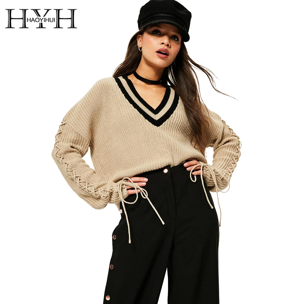 

HYH HAOYIHUI 2017 Autumn V Neck Khaki Knitted Sweaters Loose Lace Up Long Sleeve Short Pullovers Casual Thin Women Sweater Tops