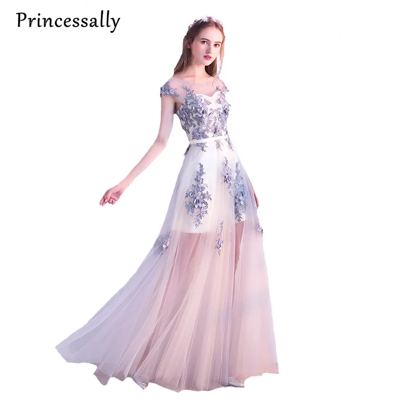 

2017 New Light Gray Evening Dress Floor Length Lace Flower Tulle Long Prom Gown Banquet Elegant Formal Party Gown Robe De Soriee