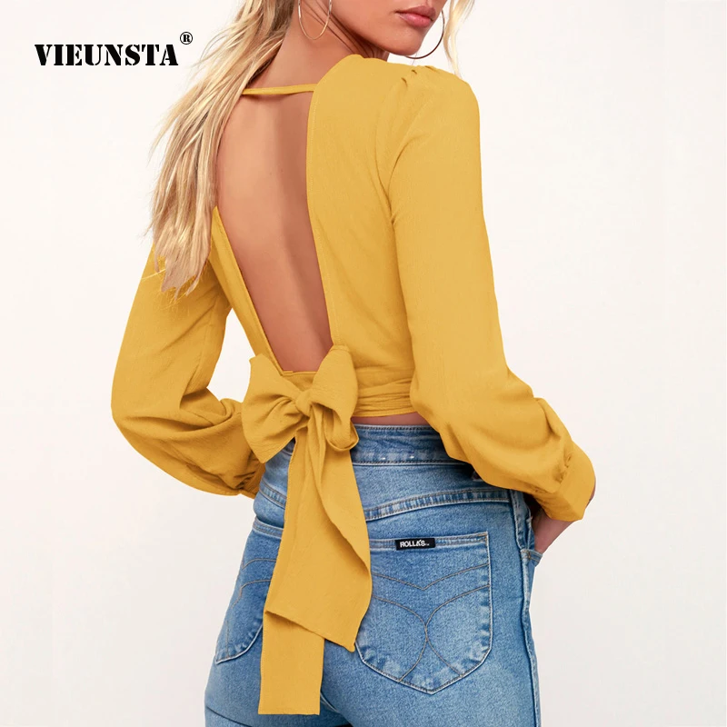 

VIEUNSTA Women Summer Hollow Out Backless Sexy Blouse Lace-up Bow Shirt Lady Long Sleeve Solid Short Top Streetwear Shirt Blusas