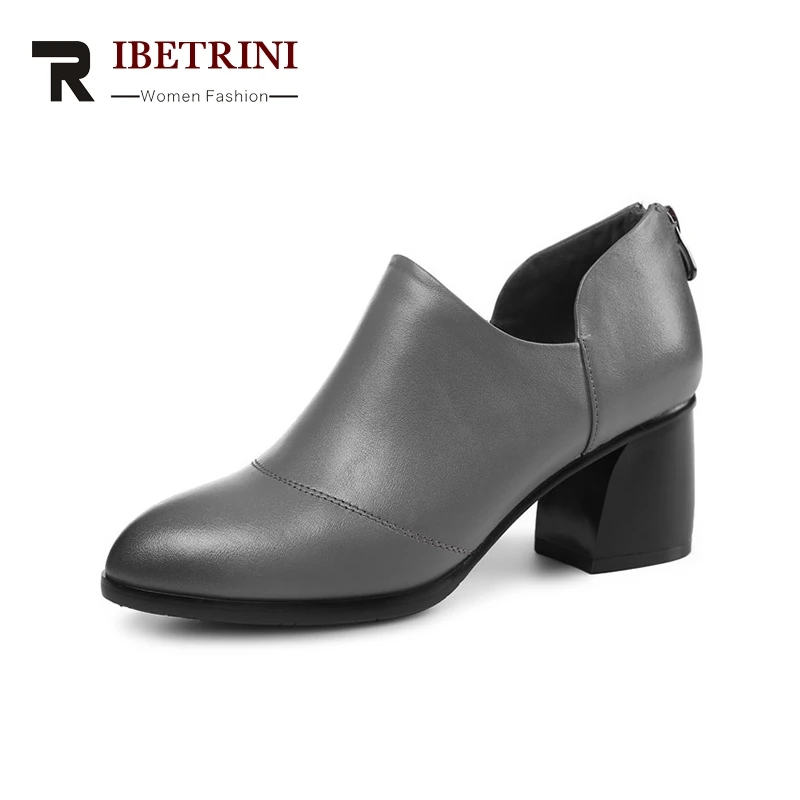 

RIBETRINI 2018 Spring Autumn New Arrival Genuine Leather Ol Deep Pumps Elegant High Heels Zip Shoes Woman