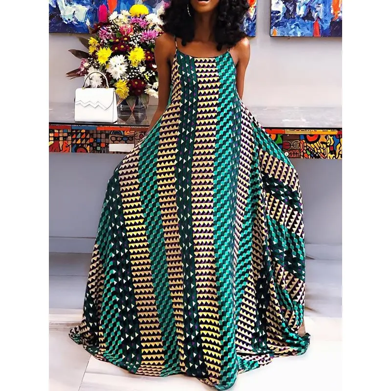 

Summer Sexy Club Party Big Size Ladies Beach Travel Women Maxi Dresses Casual Chiffon Stripe Spaghetti Strap Hollow Female Dress