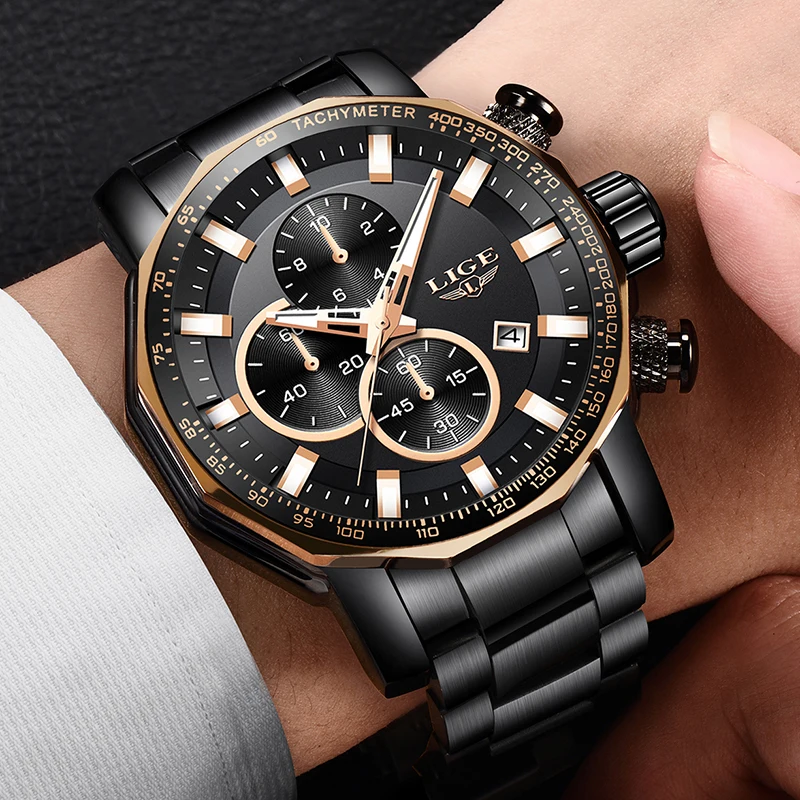 LIGE New Mens Watches Top Brand Luxury Full Steel Sport Chronograph Quartz Clock Waterproof Big Dial Watch Men Relogio Masculino