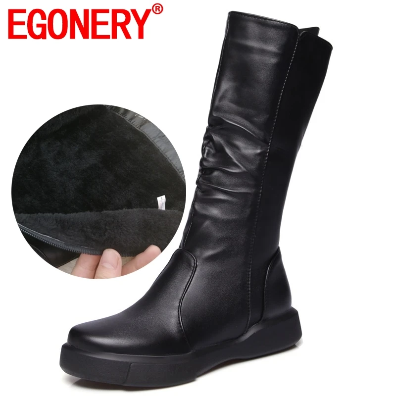 Ceny EGONERY pluszowa zimowa wiosna średnio wysokie buty z cholewami kobieta okrągły nosek europejski zamek czarne białe buty markowe dla przyszłych kobiet śnieg buty