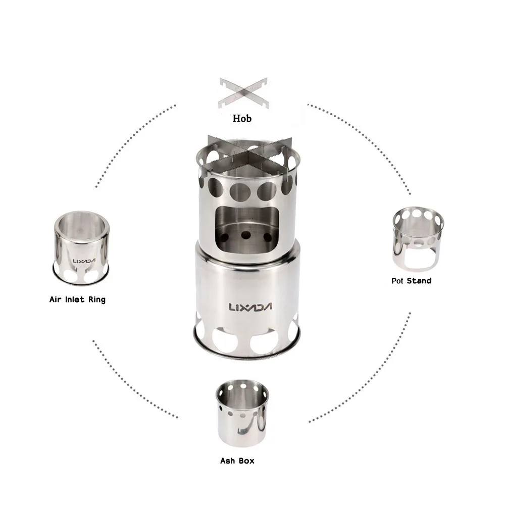 Lixada дровяная плита, дровяная печь, напольная плита, кухонная горелка, переносная нержавеющая сталь, для приготовления пищи, для пикника, кемпинга, горелка