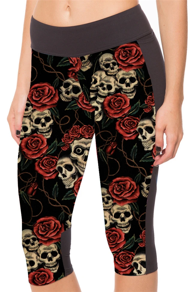 

Fashion Punk Women's 7 point pants women legging Black big red skull digital print women high waist Side pocket phone pant