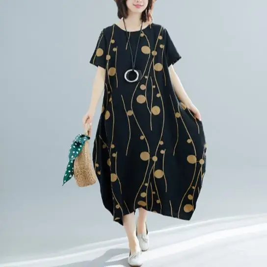 

Loose Dote White Women Long Dress 2019 Summer Vintage Print Chiffon Dress Short sleeve Loose Plus Size Dresses DJ377
