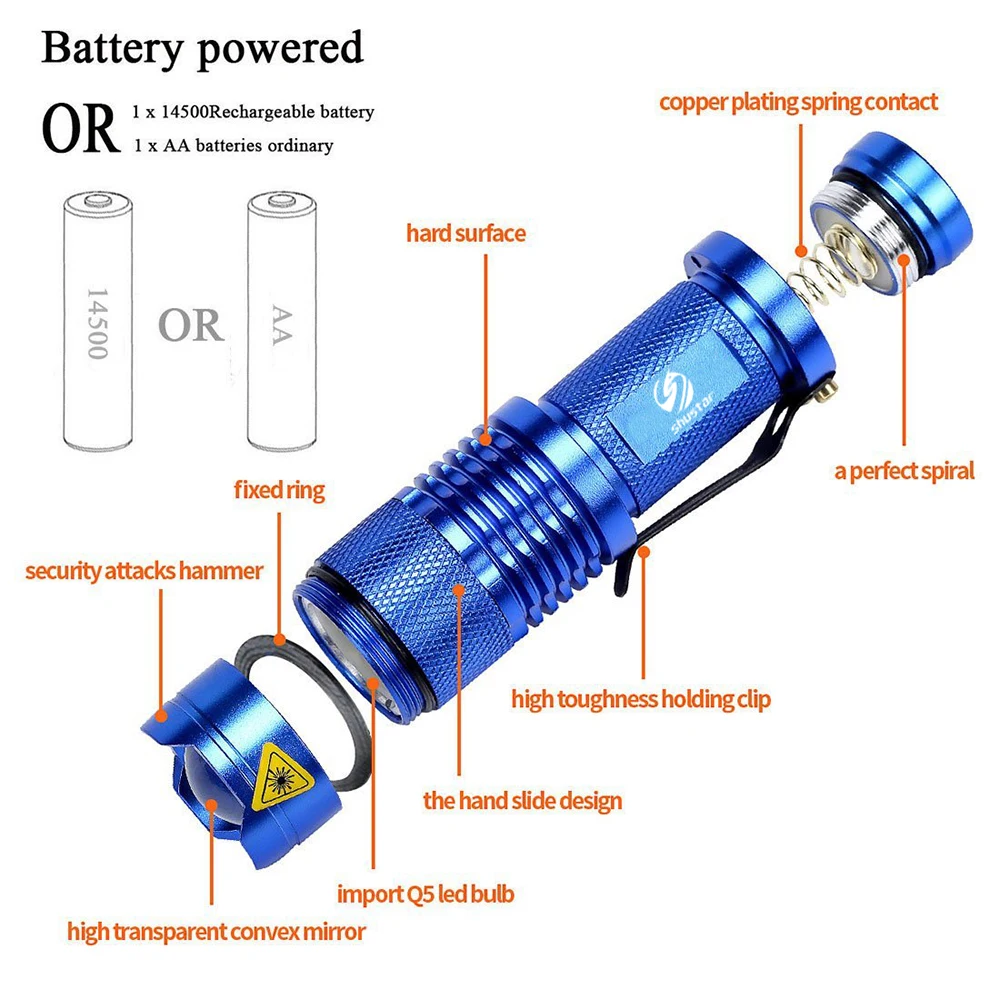 5 шт. в упаковке,, мощный мини светодиодный фонарик Q5, водонепроницаемый фонарь, 5 цветов, масштабируемый фонарик, 3 режима, светодиодный фонарь с использованием АА