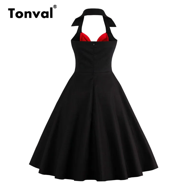 Tonval красные и черные сексуальные вечерние платья с v-образным вырезом и лямкой через шею, женские элегантные платья миди с расклешенными лямками