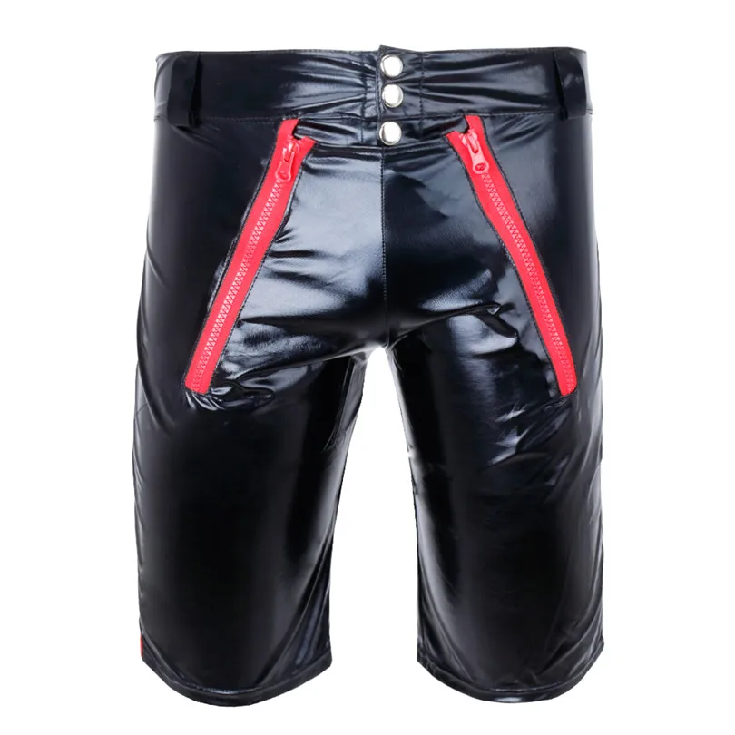 Sexy Gay Mens Erotic Panties Zipper Open Short Boxer Wetlook Latex Pants Clubwear Jockstrap Gay Wear Erotic Lingerie Shorts