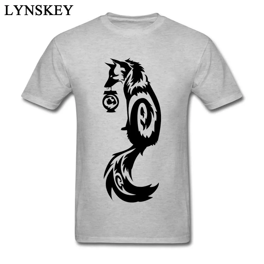 T-shirts Funny Short Sleeve New Arrival Round Neck 100% Cotton Fabric Tops T Shirt Casual Summer Autumn Printing Tee-Shirts for Adult Fox Kitsune Tribal with Spirit Lantern grey