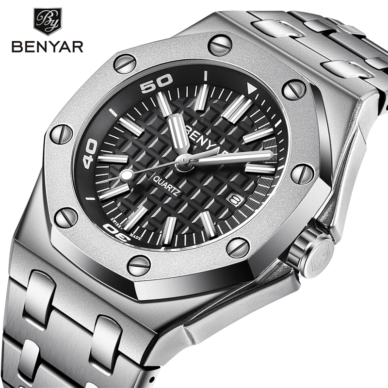 

BENYAR Mens Watches Top Brand Luxury Waterproof Black Silver Quartz Business Watch Men Clock Stainless Steel erkek kol saati