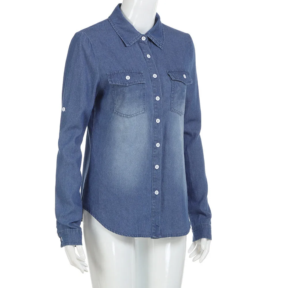 Джинсовая Блуза с отложным воротником, повседневная синяя джинсовая рубашка с длинным рукавом, модные женские топы, блузка, весенняя куртка, сорочка для женщин# E