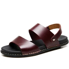 Для мужчин кожа Босоножки, шлепанцы летний отдых мода пляжная обувь без каблука шлепанцы Вьетнамки Нескользящая мужская обувь