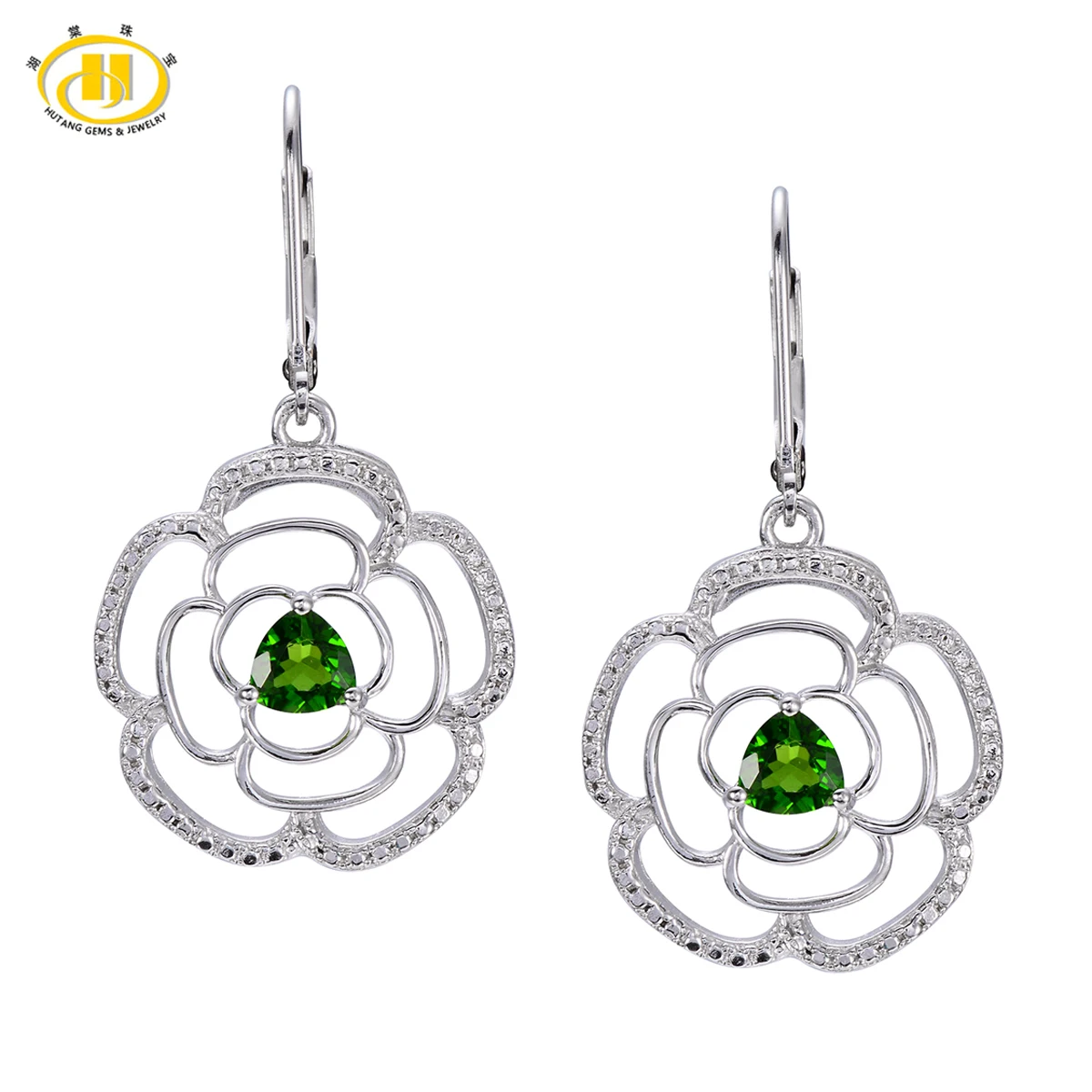 

Hutang 1.12ct Natural Chrome Diopside Flower Drop Earrings Real Solid 925 Sterling Silver Gemstone Fine Jewelry Women's gift