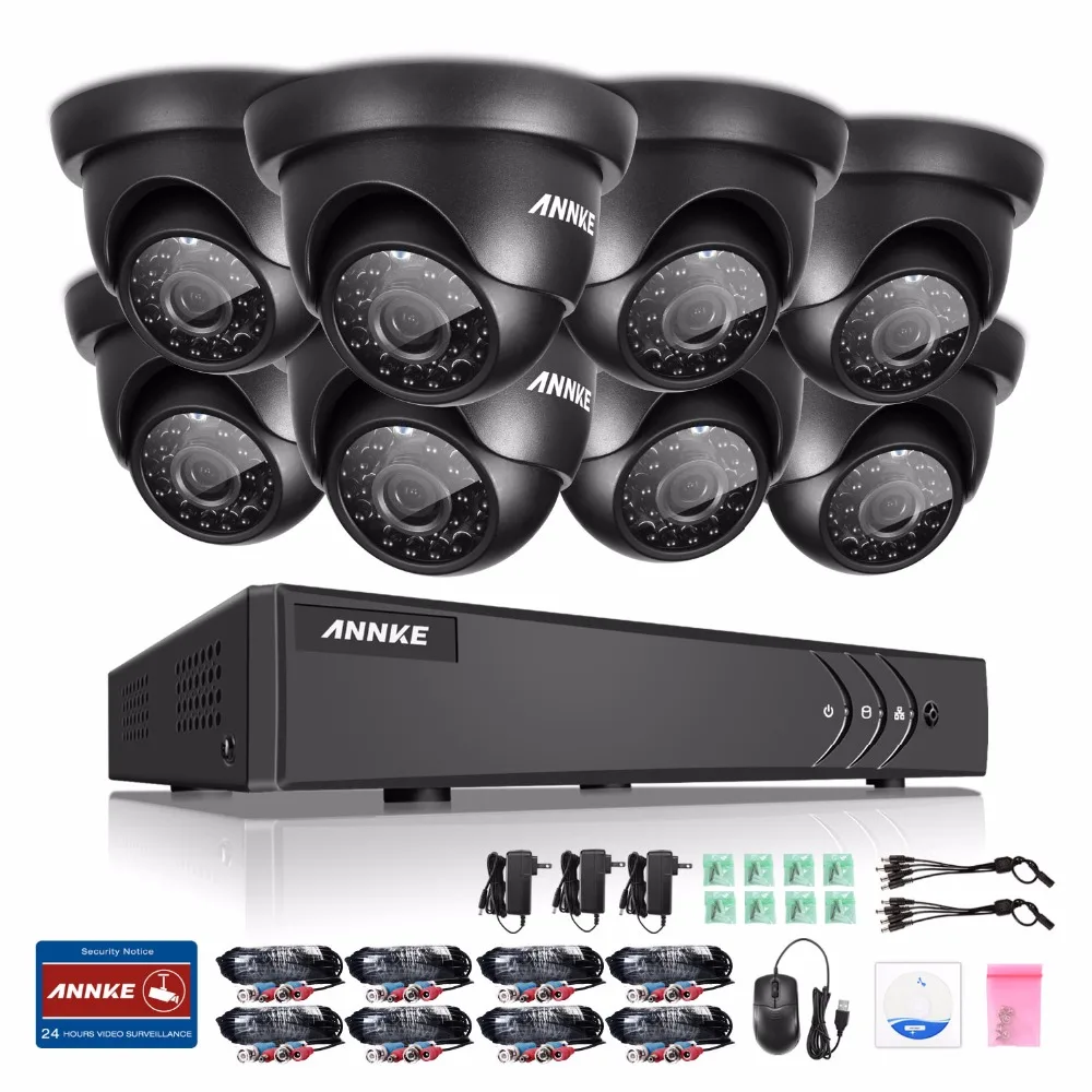 ANNKE Complete 8CH 1080N Surveillance DVR and (8) HD 720P Outdoor Fixed Dome Cameras IP66 Weatherproof, Super Day/Night Vision