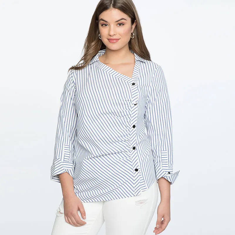 Ceny Kissmilk Plus Size Sunmer topy dla Office Lady 2018 dekolt w paski bluzka damska asymetryczna Casualbottom Shirt New Arrive