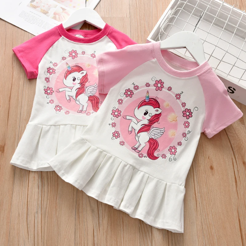 

Unicorn Summer Girls Dress Children's Cartoon Patterns Pleated Dreaa Baby Short Sleeve Princess Costume Little Girls Clothing