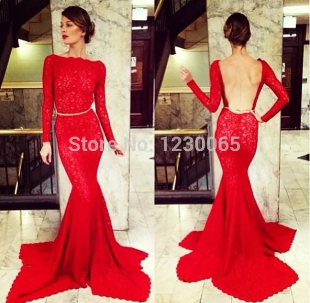 

sexy red prom dress vestido de festa backless long sleeves slim lace mermaid evening party prom dress 2016 free shipping
