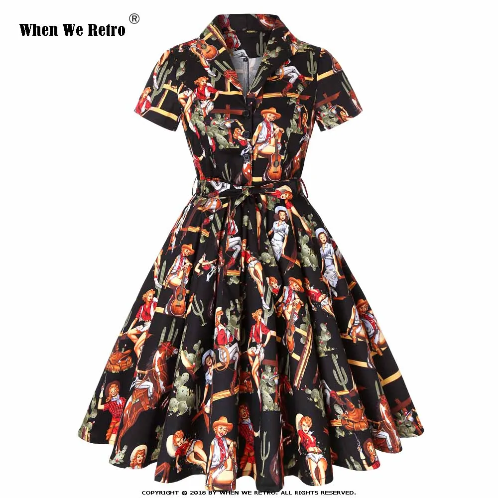 Когда мы Ретро 50s рокабилли Вестерн пастушка лошадь печати платье качели платья для женщин дамы осень размера плюс Vestidos SD0002G - Цвет: Black