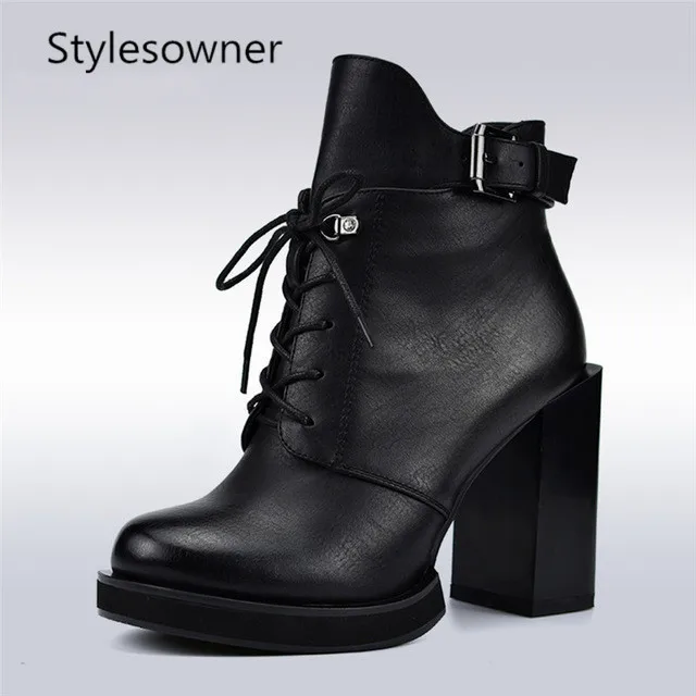 Stylesowner/Новые Модные женские ботинки на шнуровке ботильоны высоком квадратном