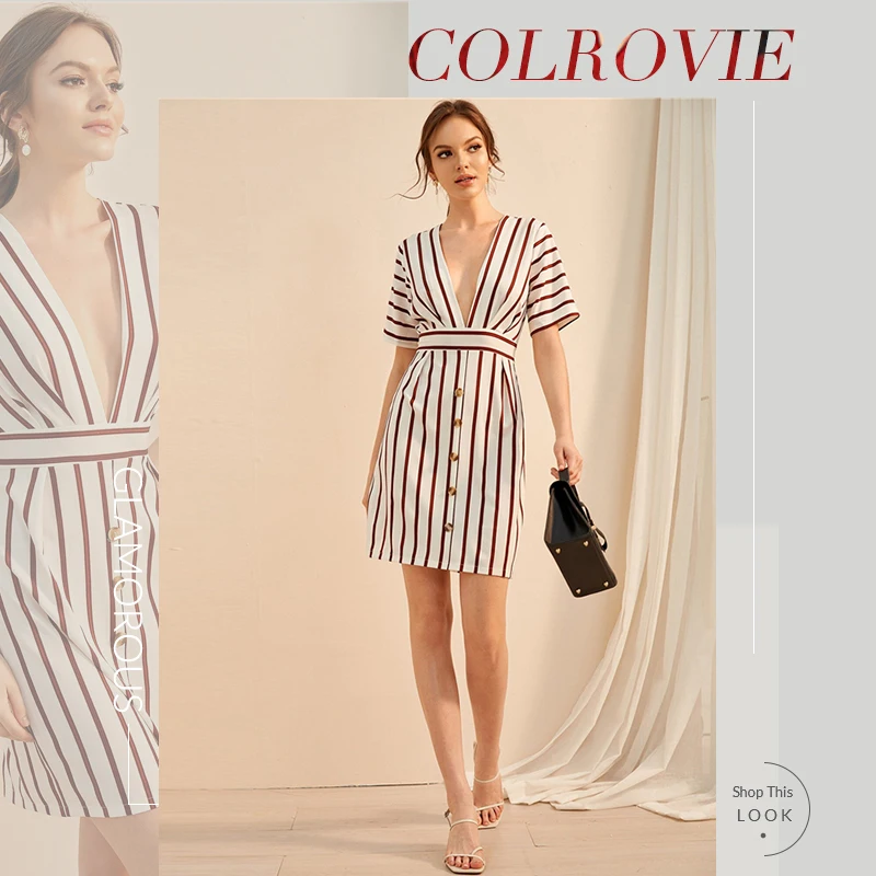 COLROVIE, короткое сексуальное платье с пуговицами спереди, глубоким v-образным вырезом, в полоску, женское платье-футляр, лето, трапециевидная рабочая одежда, офисные женские платья
