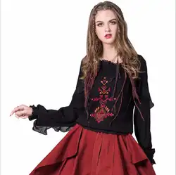 Блузки печати вышивка 2018 сезон: весна–лето рубашки Для женщин Топы корейской моды Костюмы хлопок линии Camisa feminina черный