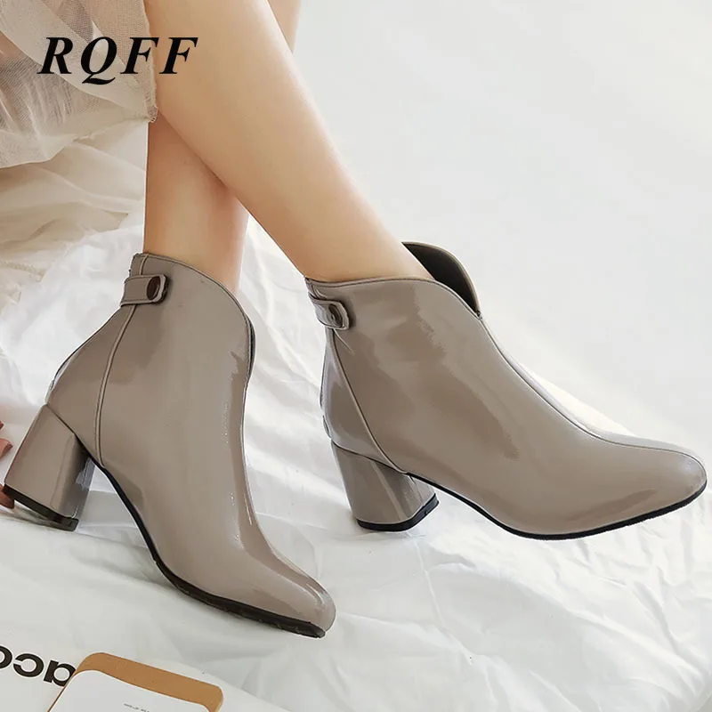 

2020 New Ankle Boots for Women Autumn Plus Size 33 45 46 Square High Heels Fashion Back-Zip Shoes Round Toe Square Heel Ladies