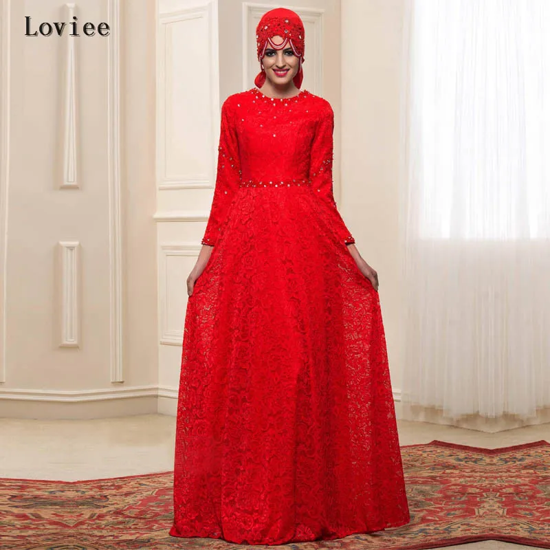 Red Lace Long Sleeve Muslim Evening Dresses 2017 with font b Hijab b font Beads Dubai