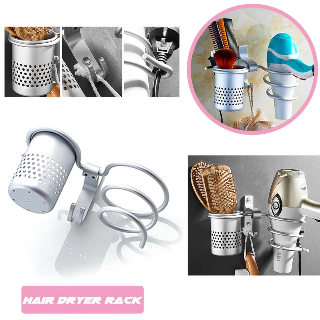

Aluminum Wall Mounted Hair Dryer Rack Organizer Hairdryer Straightener Holder Set Bathroom Shelf For Washroom Supplies
