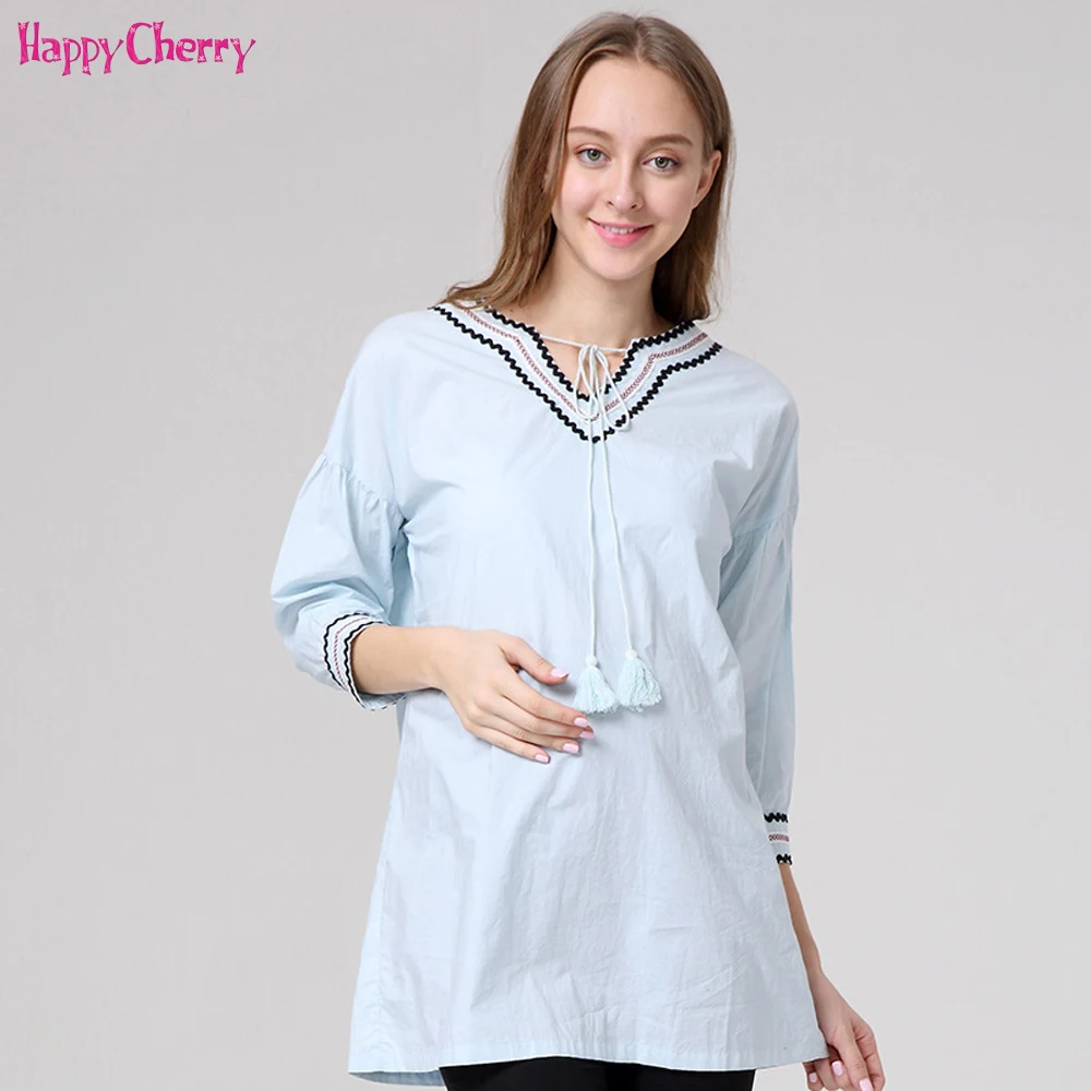 Women's 3/4 Sleeve Ultra Soft Maternity Top V Neck Embroidery Pregnancy