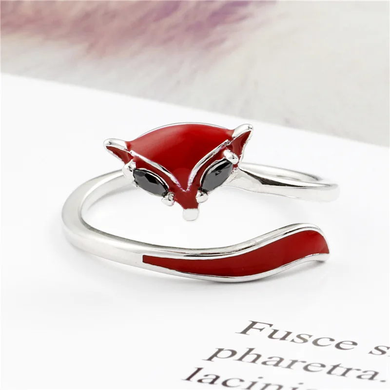 red fox drop glaze open ring 100% Sterling 925 silver Jewelry Vintage Adjustable rings for women girl gift free size