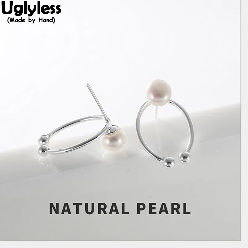 

Uglyless Elegant Fashion Women Freshwater Pearls Stud Earrings Handmade Real Solid 925 Silver Studs Opening Round Fine Jewelry