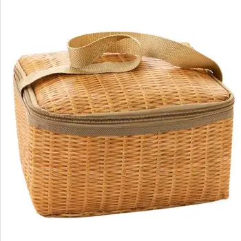 

Classical Portable Insulated Thermal Cooler Lunch Box Canvas Imitation Rattan Tote Storage Bag Food Picnic Lunch Bags