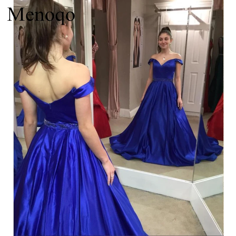 Fitted Royal Blue Off Shoulder Prom Dresses Plus Size A Line Silk Satin Long Evening Gowns Sexy Backless Holiday Special Occasion Dress 2019_