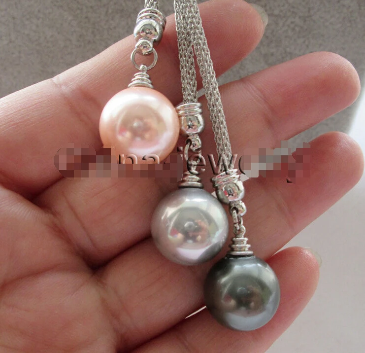 

FREE shipping>>>>>24" 3bead 14mm gray - pink - black round sea shell pearl necklace 6.07