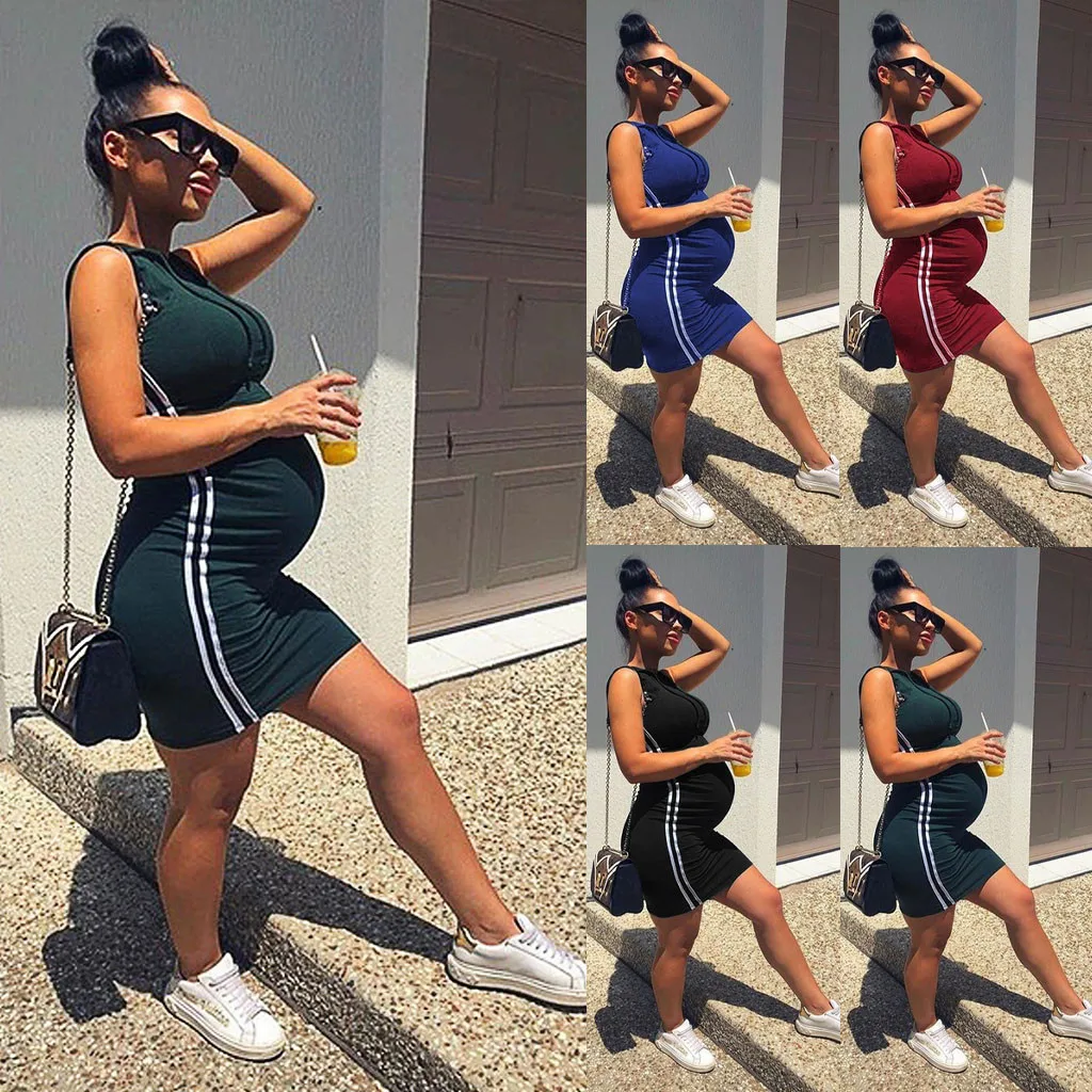 

Sexy Women Maternity Dress Pregnant Fashion Mother Mama Summer Casual Sleeveless Stripe Pregnancy Buttock Dress#520