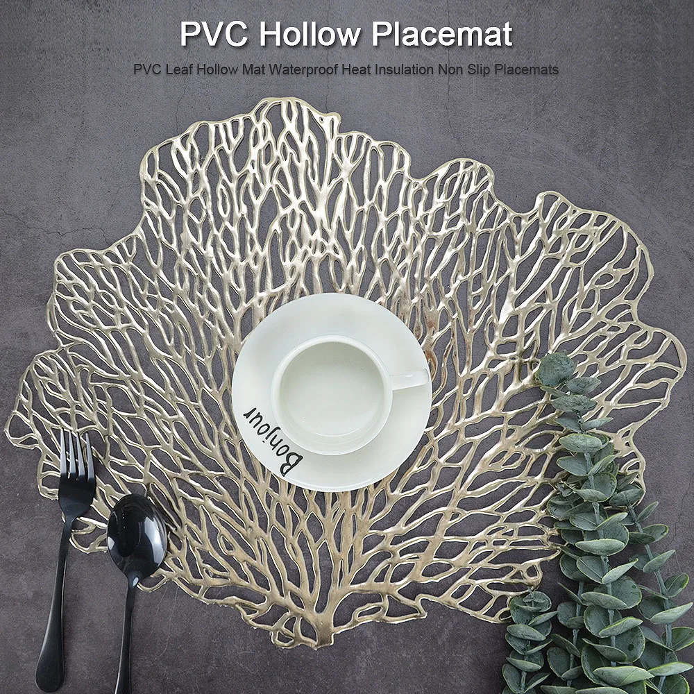 

PVC Leaf Hollow Placemat Pad Dining Table Mat Waterproof Heat Insulation Non Slip Placemats Bowl Chic Creative Coaster 1PCS