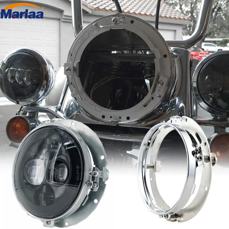 

Round 7" LED Projector Headlight With 7" Silver Headlight Headlamp Bezel Trim Mounting Bracket Ring for Motorcycle