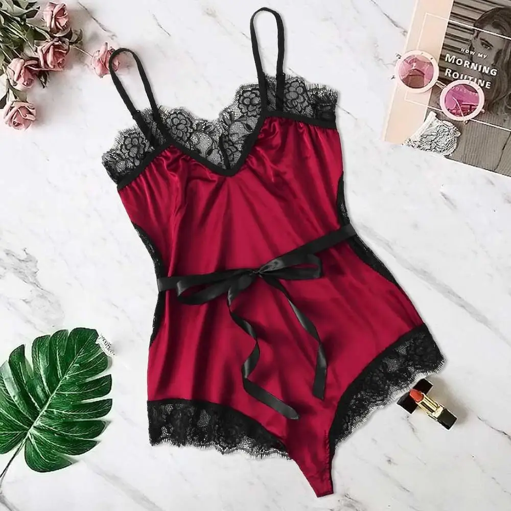 Pajamas Sexy Sleepwear Satin Sissy Women Sexy Lingerie Girl V-neck Lace Splice Underwear Nighty Pyjama Lenceria Mujer